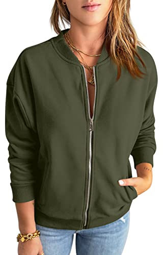 GeGekoko Sweat-shirt zippé pour femme - Veste surdimensionnée - Couleur unie - Manches longues - Haut avec poche, Vert armée., XXL
