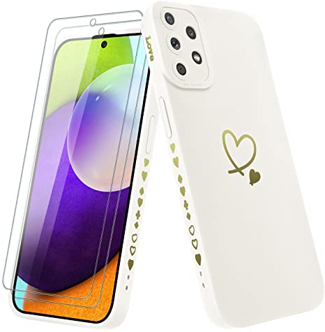 Vauki Funda para Samsung Galaxy A52s 5G/A52 4G/5G con 2 Piezas Cristal Templado Carcasa con Amor Corazón Mujer Suave Silicona TPU Antigolpes Anti-Arañazos Case para Samsung A52s 5G, Blanco