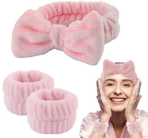 WUBAYI Spa-Stirnband, Handgelenk-Waschband-Set, tragbar, wasserdicht, weiches Plüsch, dehnbar, Schmetterlings-Gesichtswäsche, Bandana mit Armband-Set für Damen und Mädchen, Make-up-Bad (Rosa)