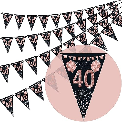 40th Birthday Bunting, Happy Banner Bunting Flags, 40 Pieces Triangle Rose Gold Glitter Diamond by Numbers 40th Birthday Anniversary Theme Party Decoration Supplies