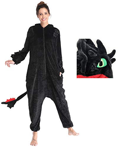 nezababy Toothless Onesie Kostüm Pyjama Tier Drachenschwanz Flanell Kostüm Plüsch Overall Halloween Weihnachtspyjama für die Familie