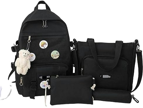 TEidea Schulrucksack Canvas-Schultaschen Im College-Stil – 4-Teiliges Set Für Mädchen Und Frauen Im Teenageralter-Schwarz