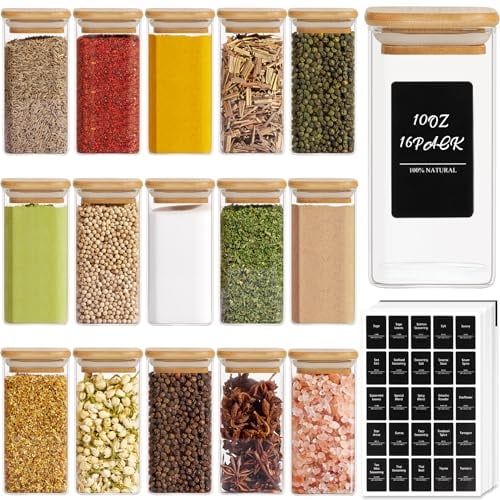 ComSaf 16Pcs Glass Spice Jars with Bamboo Lid, 10oz/300ml Airtight Square Containers with 275 Black Lables, Empty Seasoning Jars for Spice Salt Sugar