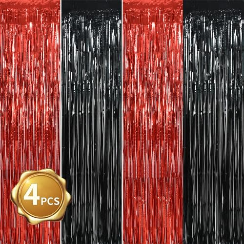 BEISHIDA 4 Pcs Red Black Door Streamers Curtain Party Streamers Backdrop casino theme party decorations Wall Background Photo Booth Props(3.28 ft x 6.56 ft)