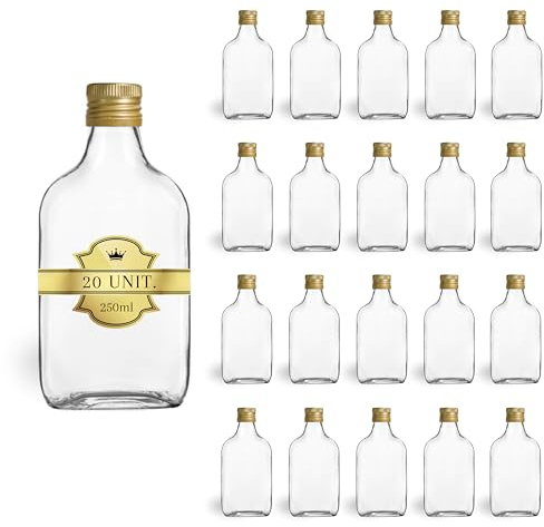 20x Bouteilles en Verre 250ml Style Flasque à Alcool avec Bouchon a Vis Doré | Flacon pour Whiskey, Rhum, Liqueur | Fioles de Poche pour Boissons Spiritueuses