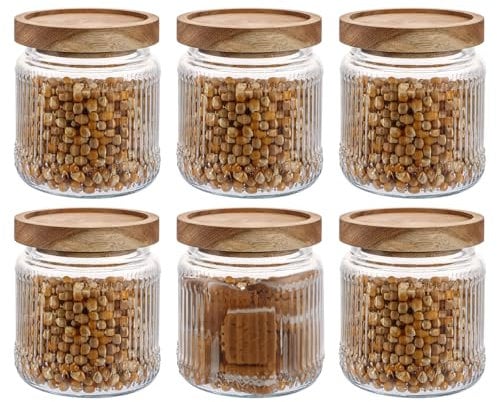 GBACHOOSE 6 Pcs Ribbed Glass Jar with Wooden Lid, 500ml Ribbed Storage Container, Airtight Glass Jar Set for Home Kitchen for Spice, Tea, Sugar, Coffee, Grains, Herbs, Flour