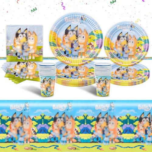 Party Tableware Set- 51Pcs Blue Children's Birthday Tableware Decoration Dog Cartoon Themed Party Supplies Plates, Cups, Napkins and Tablecloth for Kids Baby Showers Girls