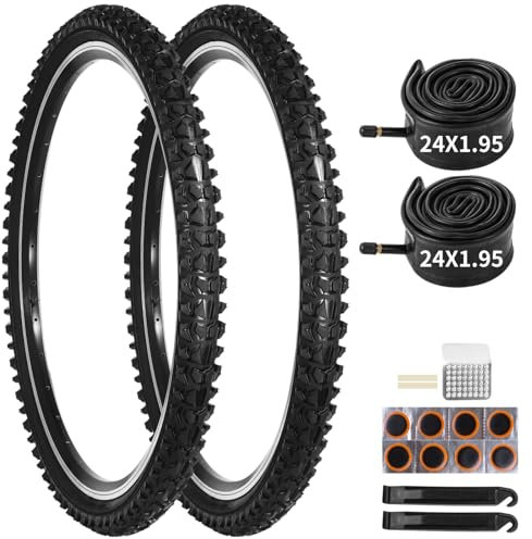 24 Zoll Fahrradreifen 24x1.95, 2 Stück Fahrradreifen 24 Zoll & 2 Schwalbe Schlauch 24 Zoll & Reifen-Reparaturset, 40mm Schrader Ventil, Gummireifen für Straßen, Schlammige Trails