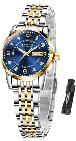 Taxau Damenuhr wasserdichte Tag Datum - Armbanduhr Damen Kleines Leuchtend Leicht zu Lesen - Damenarmbanduhren Edelstahlband Luxus Diamant Dekoration