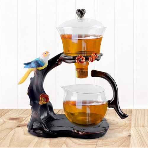 Xnqelerate Drip Rotating Lazy Kungfu Teekanne Set, Halbautomatisches Tee Set, Hitzebeständiges Glas-Tee-Set, Chinesisches/Japanisches Lazy Glaskanne Für Teeliebhaber, Vogel