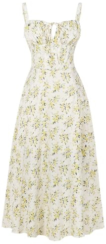 Odizli Robe longue d'été sexy, sans manches, pour femme, avec bretelles spaghetti, style bohème, motif floral, avec fente, Blanc et jaune., S