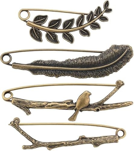 1 boîte de 8 épingles à revers vintage en bronze antique - Broche de sécurité - Grande feuille - Plume - Branche d'oiseau - Pour homme et femme - Décoration pour manteaux, vestes, chapeaux, sacs,