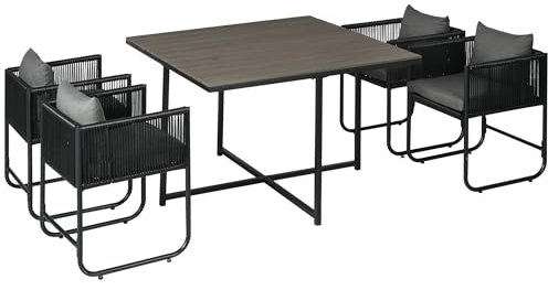 Outsunny Salon de Jardin Ensemble Table et Chaise de Jardin 5 pièces avec 1 Table et 4 fauteuils Contemporain 8 Coussins Table en Composite Plateau Aspect Bois Noir