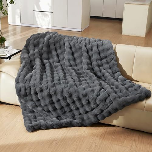 YBIKE Kunstpelz-Kuscheldecke mit Hase-Design Wurfdecke aus Blasenstoff 150x130cm, Luxuriöse Flauschige und Weiche Pelz-Sherpa Decke für Bett, Sofa, Couch (Grau)