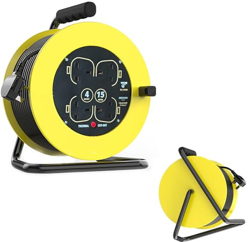Portable Extension Lead Cable Reel 15 Metre, 4X 13A Socket Cord Reel with with Winding Handle,Thermal Cut-Out Protection (UK Plug Socket) for Workplace/Home/Lawn/Mower/Office (Yellow)