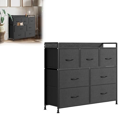 XINZI Kommode Schubladenschrank Sideboard aus Metallgestell und Stoff Schrank 7 Stoffschubladen mit Griffen Komodenschrank Schubladenbox für Wohnzimmer Schlafzimmer Flur (Schwarz)