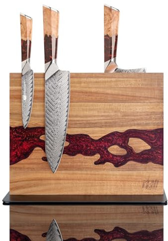 FINDKING Magnetic Knife Block, Double Sided Knives Holder, Powerful Magnet Kitchen Knives Storage, Acacia Wood and Red Resin, Brown, 12 x 10 Inches (Without Knives)