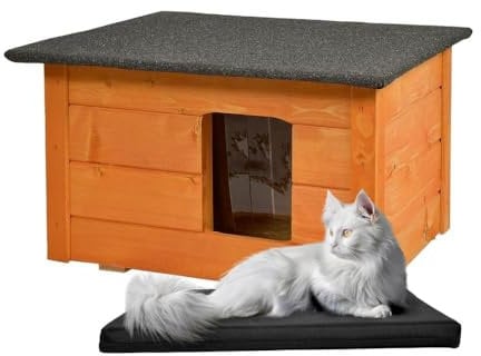 WOODOK Maison pour Chat extérieur isolée - 54x39x34 cm (Teck + Matelas, 54 x 39 x 34 cm)