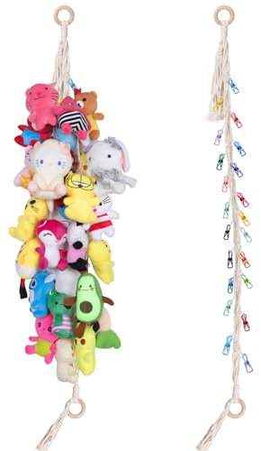 Boho Toy Storage Chain 78 Stuffed Animal Chain Holder Hanging Macrame Stuff Animals Organizer with Clips for Bedroom Wall Display