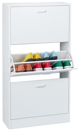 Relaxdays Schuhschrank, HxBxT: 113 x 60 x 24 cm, für 18 Paar, 3 Klappen, schmaler Schuhkipper, Flur Schuhkommode, weiß
