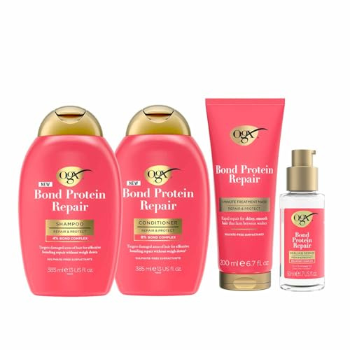 OGX Bond Protein Repair Essentials Bundle for Damaged, Fine Hair, Shampoo (385ml) & Conditioner (385ml), 1-Minute Treatment Mask (200ml) and Sealing Serum (50ml), Protection for Stronger Hair