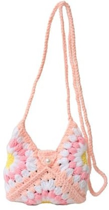 Borsa lavorata a maglia fatta a mano all'uncinetto con girasole, borsa da viaggio per shopping vintage con fiori all'uncinetto, estate scava, rosa