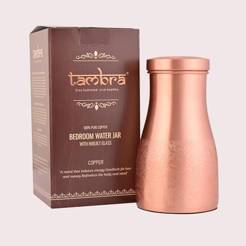 Tambra Pure Copper Bedroom Bottle with Inbuilt Glass & Printed Design, Drinkware & Storage Purpose, Bed Jar, Volume-40Oz (CARVING)