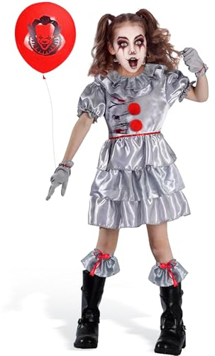Halloween Clown Pennywise Kostüm Mädchen: Kinder Horror Clown Kostüm Set, Horrorfilm Killer Cosplay Outfit, Verkleidung Kleidung Rollenspiel für Halloween Karneval Party (S)