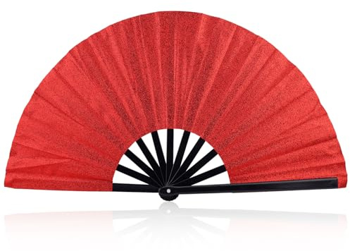 BOXOB Large Folding Hand Fan, Red Glitter Portable Plastic Rave Fan for Men Women Outdoor Line Dancing Wedding Party Decoration Performance Gift