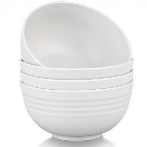 GZTFPQ Plastic Bowl Set, Light Weight Bowls Set of 4, Cereal Bowls Unbreakable Dishwasher & Microwave Safe, Reusable Bowl for Rice Noodle Soup Snack Salad Fruit (White)