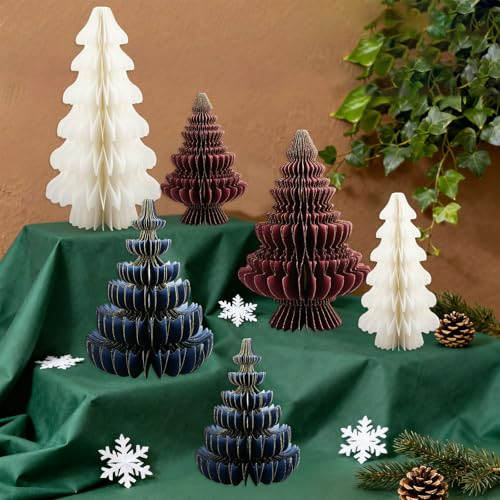 Mocrop 6 Stück Waben Papier Weihnachtsbaum Deko, Tischdeko Weihnachten, Weihnachtsdeko Papier Tannenbaum, Für Weihnachts Tischdeko, Fenster, Geschenk Dekoration, Wiederverwendbar Christmas Deko