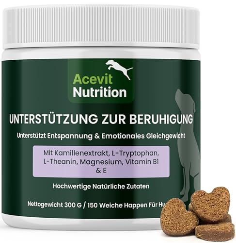 Beruhigungsmittel für Hunde, 150 Leckere Snacks 100% Natürlich – Unterstützt Entspannung & Ruhe bei Stress, Nervosität & Unruhe – Mit L-Tryptophan, Kamille, L-Theanin & Magnesium | Acevit Nutrition