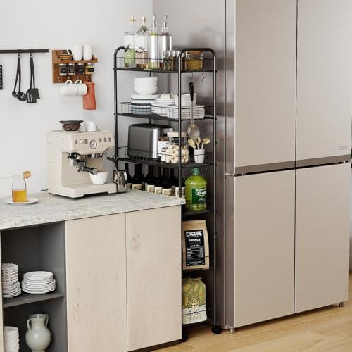 HAUSPROFI Küchenregal Schmal, 6 Etagen Regal mit Rollen, 4 Abschließbaren Rädern und Fußpolstern, 6 Haken, Griff und Korb, für Enge Räume wie Küche, Badezimmer usw., Schwarz (58,0 × 15,3 × 155,5 cm)