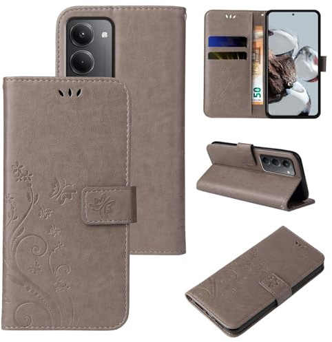 LBH Handy Hülle für Xiaomi Redmi 15/15 5G Case Handytasche Schmetterling Blumen Flower Standfunktion Schutzhülle Magnet Rundum Schutz 360 Grad Flipcase Cover Grau