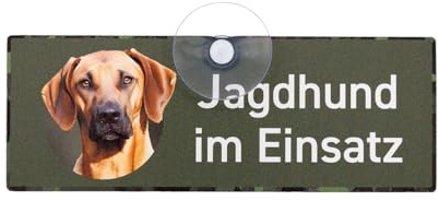 RHODESIAN RIDGEBACK Schild mit Saugnapf Jagdhund im Einsatz für die Autoscheibe aus Aluverbund, UV- & Witterungsbständig, formstabil, 18 x 6.5 cm - MADE IN GERMANY