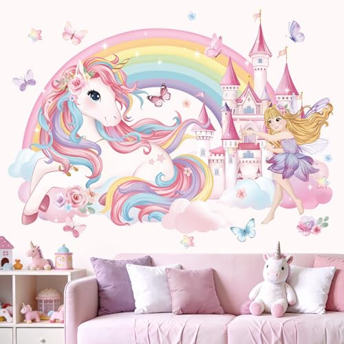 wondever Wandtattoo Einhorn Regenbogen Wandsticker Schloss Schmetterling | Abziehen und Aufkleben, Abziehbar, Wandaufkleber Selbstklebend für Kinderzimmer Mädchen Babyzimmer Mädchenzimmer Wanddeko