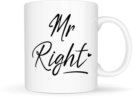 Temas Store Mr Right Ceramic Coffee Mug Set Stylish Script Print White Gift Cup Husband Boyfriend Wedding Anniversary Present Home Office Drinkware (15 oz)