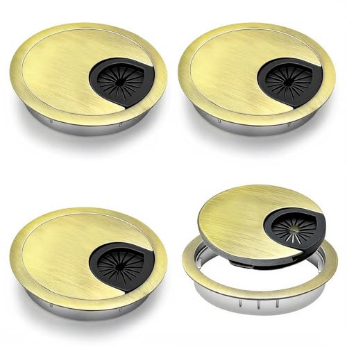WJUAN 4 Piezas Pasacables Mesa, Ø57-60 mm Pasacables Escritorio Redondo, Aleación de Zinc Tapa Pasacable Encastrable en Mesa, Organizador Cables Bronce, para Escritorios, Mesas Trabajo, Muebles de TV
