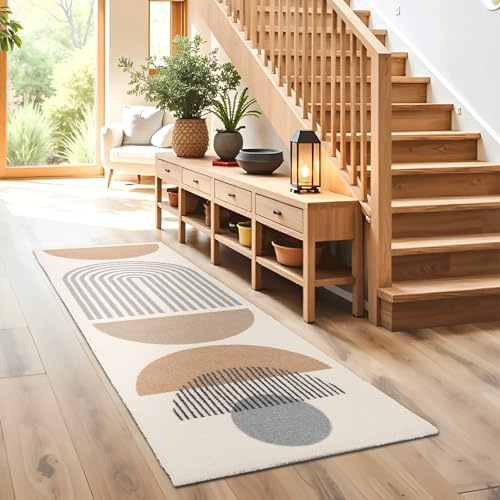 Rutschfeste Sauberlaufmatte innen - Beige Kreise 50 x 150 cm (Rechteckig) | Miabella Türmatte rutschfester Läufer Wohnraum Fußmatte extrem saugfähiger Küchenläufer waschbar bei 30°C Schmutzfangmatte