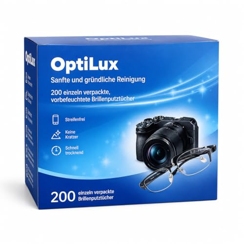 OptiLux Glasses Cleaning Wipes Pack of 200 - Individually Wrapped, Streak Free, Quick Drying, No Scratches - Cleaning Wipes for Glasses, Camera, Smartphone & Display