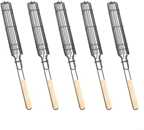 Chroavel Lot de 5 paniers de barbecue avec poignée en bois, cage en fer, saucisses, hot dogs, viande et légumes, outils de barbecue d'extérieur en maille verrouillable, noir