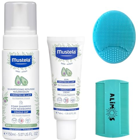 Mustela Schaum-Shampoo für Neugeborene, 150 ml & Cradle Cap-Creme, 40 ml, gebündelt mit Alimos Babybade-Silikonbürste und feinem Zahnkamm