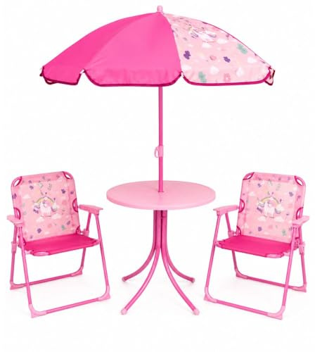 cecaro group Set Bimbi 2 Sedie + Tavolo con Ombrellone – Pieghevole, Altezza Regolabile, Leggero e Portatile – Ideale per Giardino, Spiaggia e Casa (Rosa)