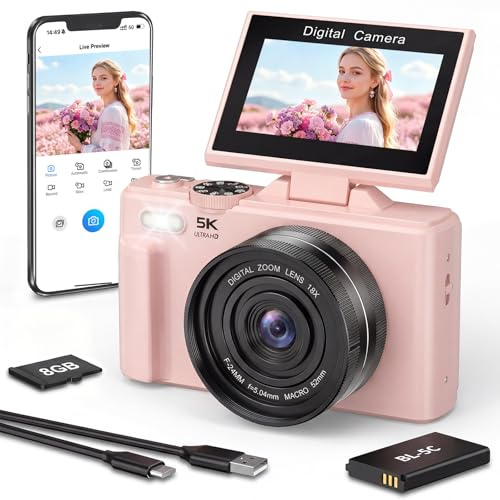5K Appareil Photo avec WiFi, Écran Retournable pour Selfies, Débutants Rose | Appareil Photo pour Vlogging avec WiFi Écran LCD de 3,0 Rotatif de 180°