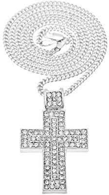 KnSam Unisex Silver Plate Pendant Necklaces Convex Cross Jesus Prayer with 24In Cuban Link Silver Crystal