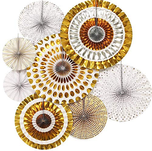 Time to Sparkle 8 Pack Mix Hanging Paper Flowers Party Fan Tissue Paper Fan Festival Party Wedding Home Birthday Decor, 6X Fan-Silver Gold