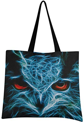 visesunny 3DDruck Damen Große Canvas Tote Schultertasche Abstrakte blaue Eule mit rotem Auge Tier Top Lagerung Griff Einkaufstasche Casual Wiederverwendbare Tragetasche für Strand, Reisen,