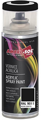 AMBRO-SOL - Pintura acrílica en spray, color Negro Grafito, RAL 9011, exteriores e interiores, 400 ml, El embalaje puede variar