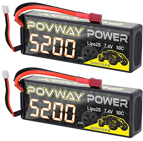 POVWAY RC Akku 2s Lipo 5200mAh 7,4V 50C RC LiPo Batterie Hardcase mit T-Stecker RC Auto Boot LKW LKW Buggy Boot Hobby 2packs