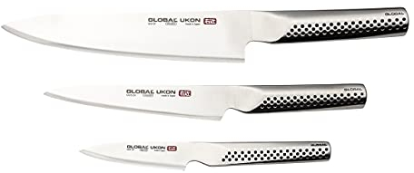Global GU-3002 UKON 3-Piece Professional Kitchen Set, CROMOVA 18 Stainless Steel – Contains Chef’s, Utility, Paring Peeling Knife, High Carbon, Silver